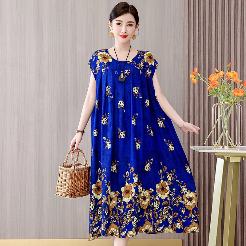 Women's Plus Size Summer Dress - Loose O-Neck Cotton Print Dress