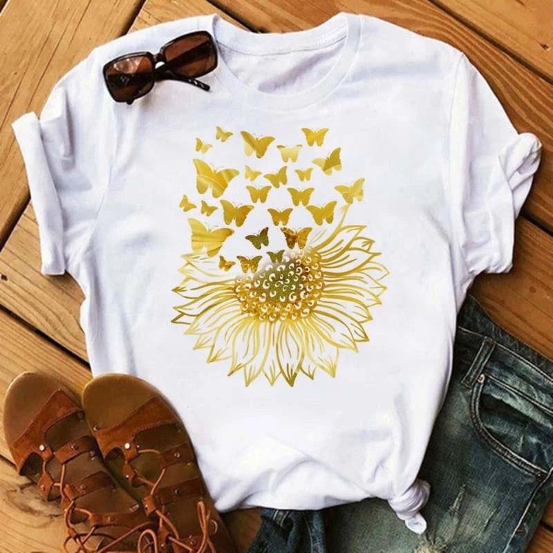 Women's Sunflower & Dragonfly Print T-Shirt - Oversized Summer Top