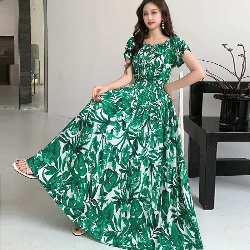 Bohemian Long Dress Summer Fashion One-Shoulder Floral Cotton Silk Elastic Waist Beach Skirt Vintage Ethnic Style Short Sleeve