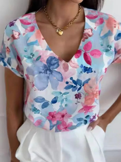 Women's Floral Print V-Neck T-Shirt - Casual Short Sleeve Top
