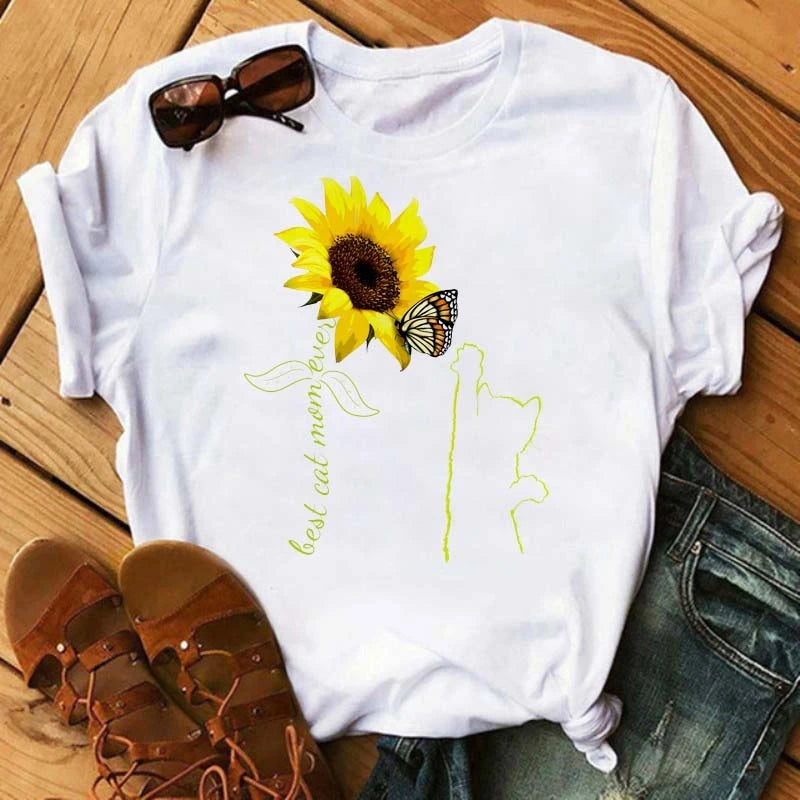 Women's Sunflower & Dragonfly Print T-Shirt - Oversized Summer Top