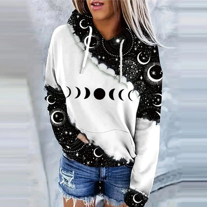 Women's Moon Print Drawstring Hoodie - Casual Long Sleeve Sweatshirt