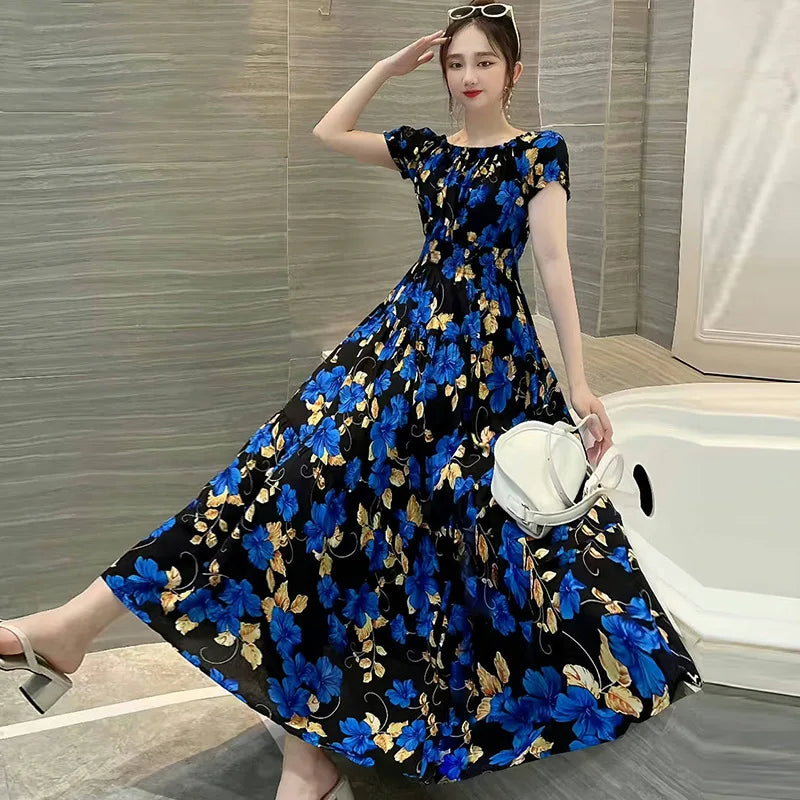 Bohemian Long Dress Summer Fashion One-Shoulder Floral Cotton Silk Elastic Waist Beach Skirt Vintage Ethnic Style Short Sleeve