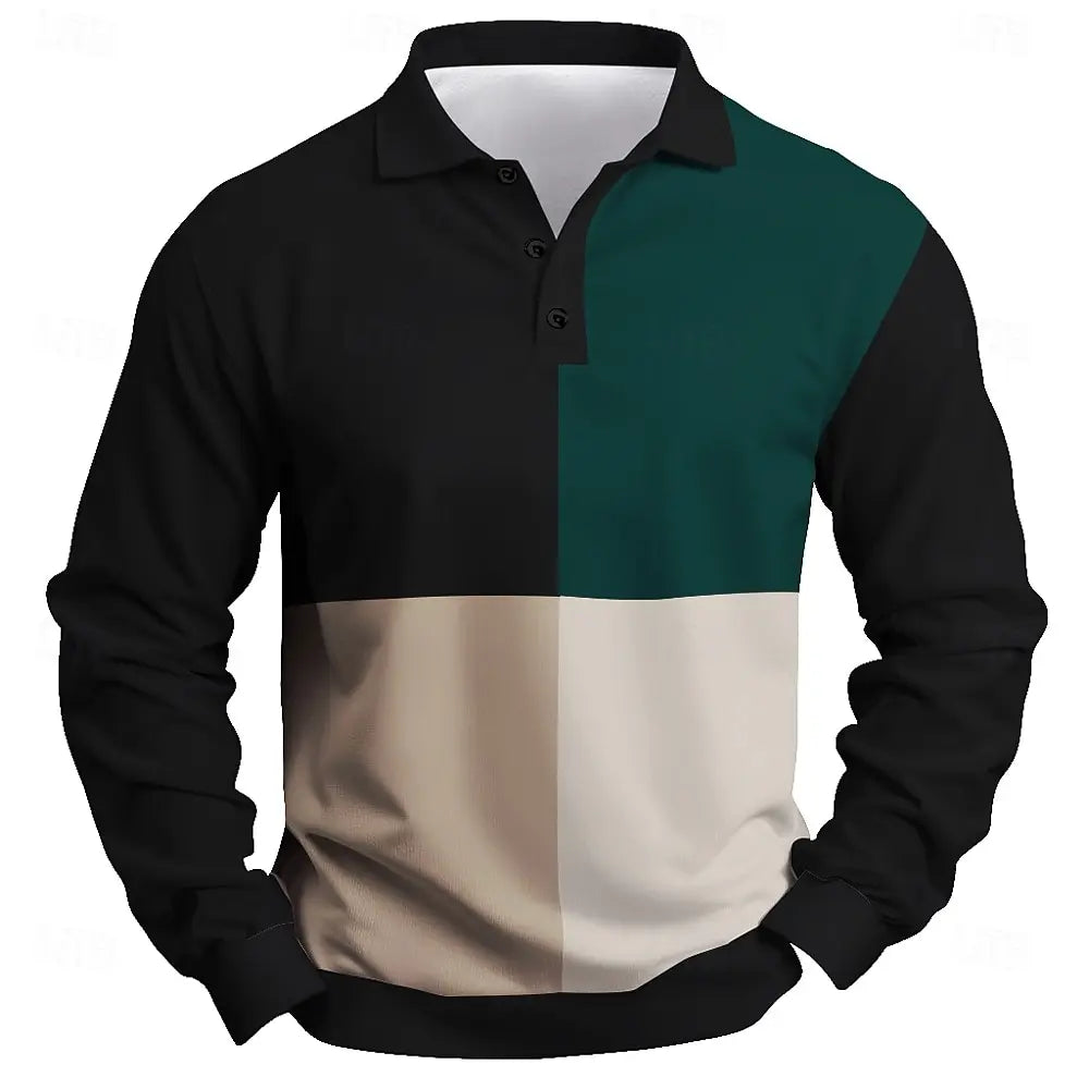 Men Color Block Long Sleeve Polo Shirt