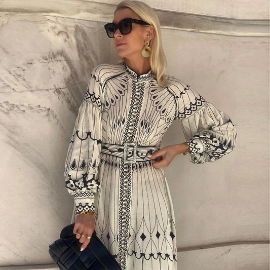 Women Vintage Print Stand Collar Lantern Sleeve Belt Linen A Line Dress