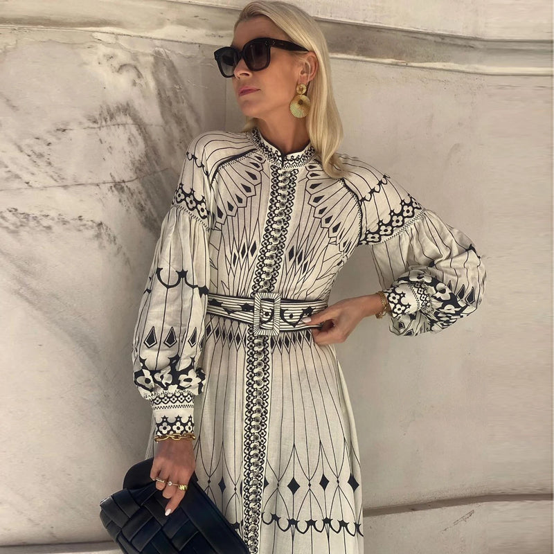 Women Vintage Print Stand Collar Lantern Sleeve Belt Linen A Line Dress