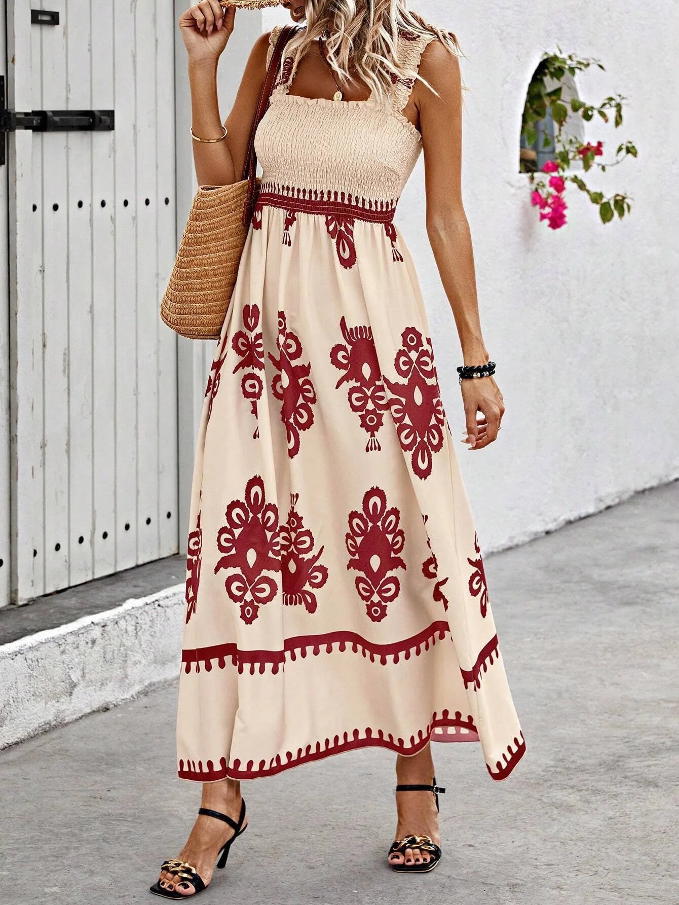 Women's Ethnic Print Sling Maxi Dress - Tropical Sleeveless Summer Dress