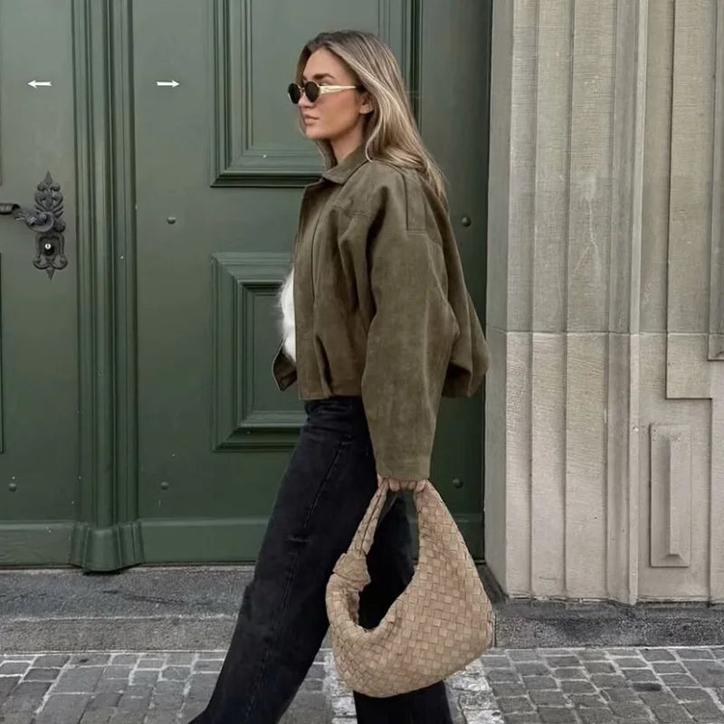 Women's Vintage Bomber Jacket - Loose Fit Zip-Up Coat