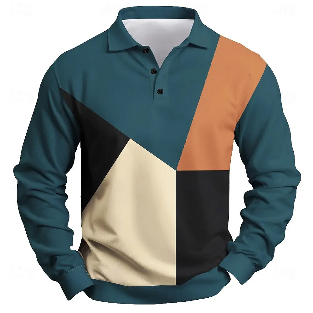 Men Color Block Long Sleeve Polo Shirt