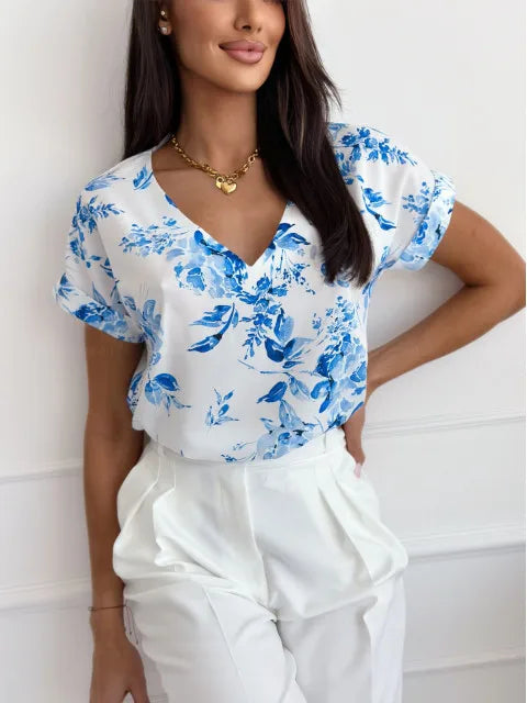 Women's Floral Print V-Neck T-Shirt - Casual Short Sleeve Top