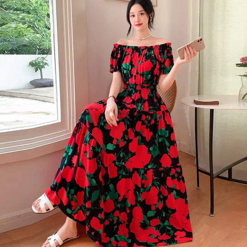 Bohemian Long Dress Summer Fashion One-Shoulder Floral Cotton Silk Elastic Waist Beach Skirt Vintage Ethnic Style Short Sleeve