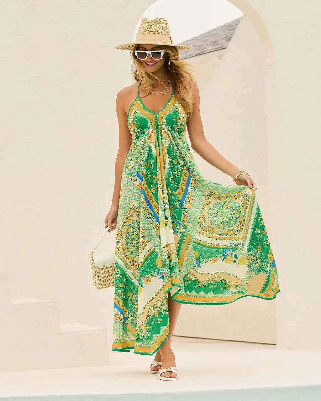 Women's Halter Backless Maxi Dress - Printed Bohemian Beach Dress