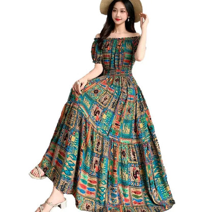 Bohemian Long Dress Summer Fashion One-Shoulder Floral Cotton Silk Elastic Waist Beach Skirt Vintage Ethnic Style Short Sleeve