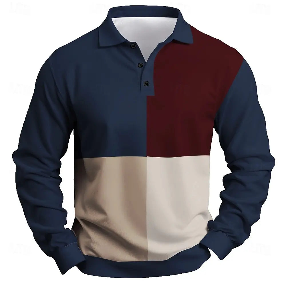 Men Color Block Long Sleeve Polo Shirt