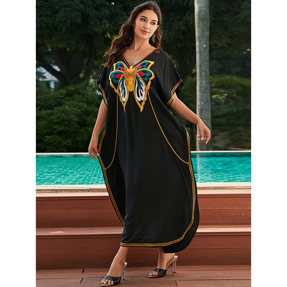 Women's Embroidered Floral Beach Dress - Loose Cotton Summer Gown