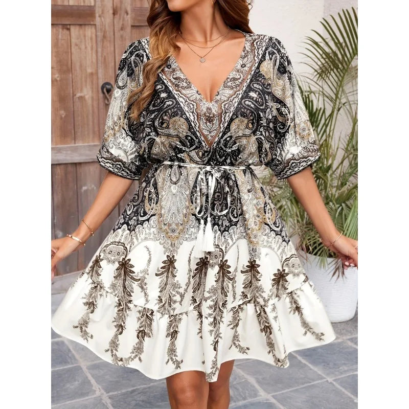Women's Bohemian Print Mini Dress - V-Neck A-Line Party Dress