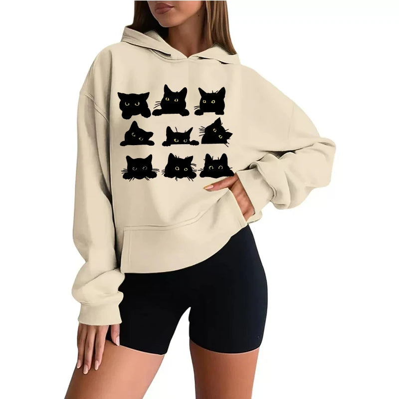 Women's Cute Black Kitty Hoodie - Kawaii Cat Print Sweatshirt