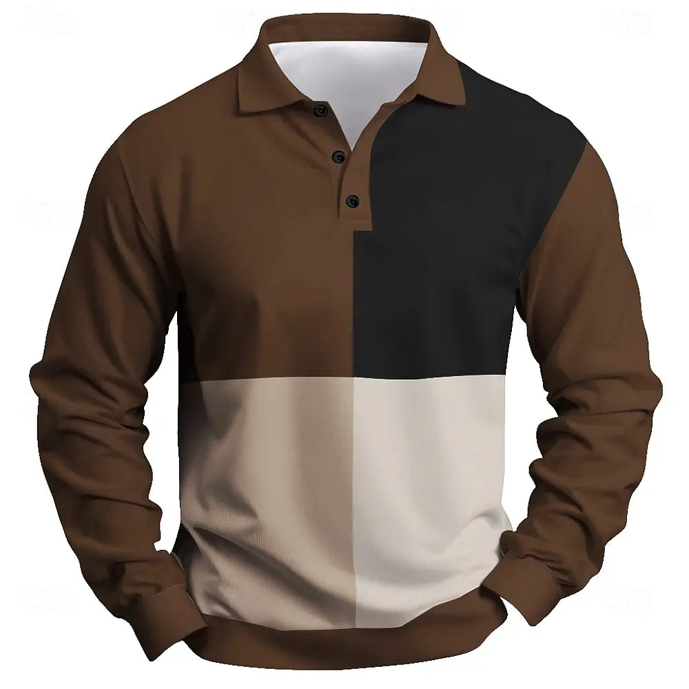 Men Color Block Long Sleeve Polo Shirt