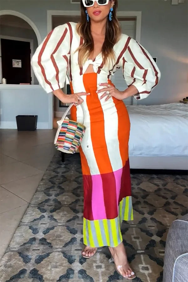 Women's Linen V-Neck Maxi Dress - Printed High Waist Party Dress