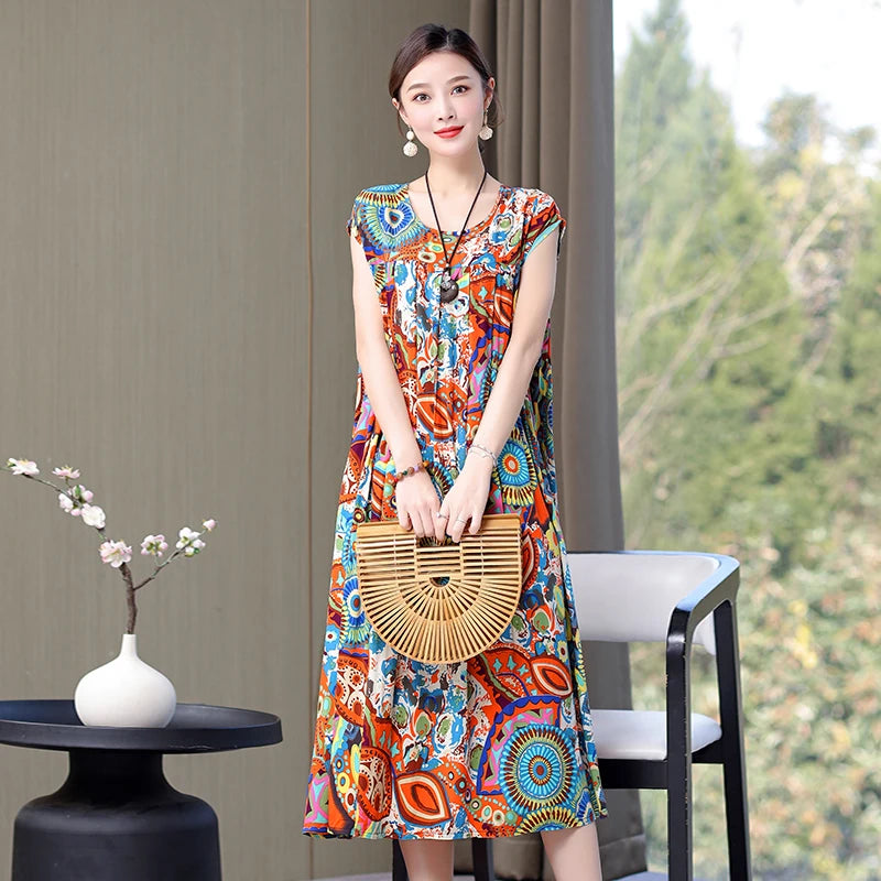 Women's Plus Size Summer Dress - Loose O-Neck Cotton Print Dress