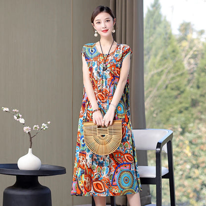 Women's Plus Size Summer Dress - Loose O-Neck Cotton Print Dress