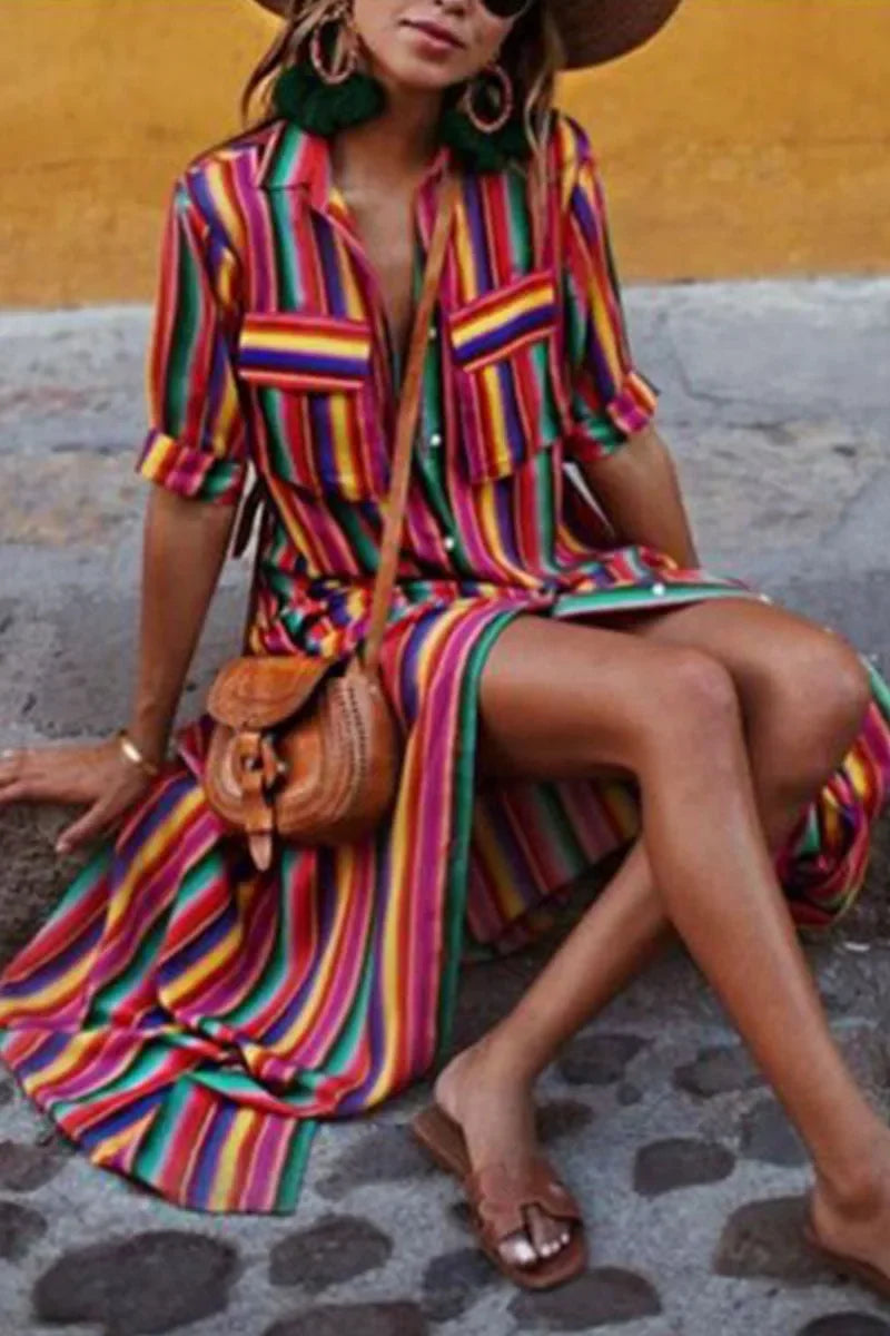 Women's Striped Maxi Dress - Bohemian Button-Front Beach Dress