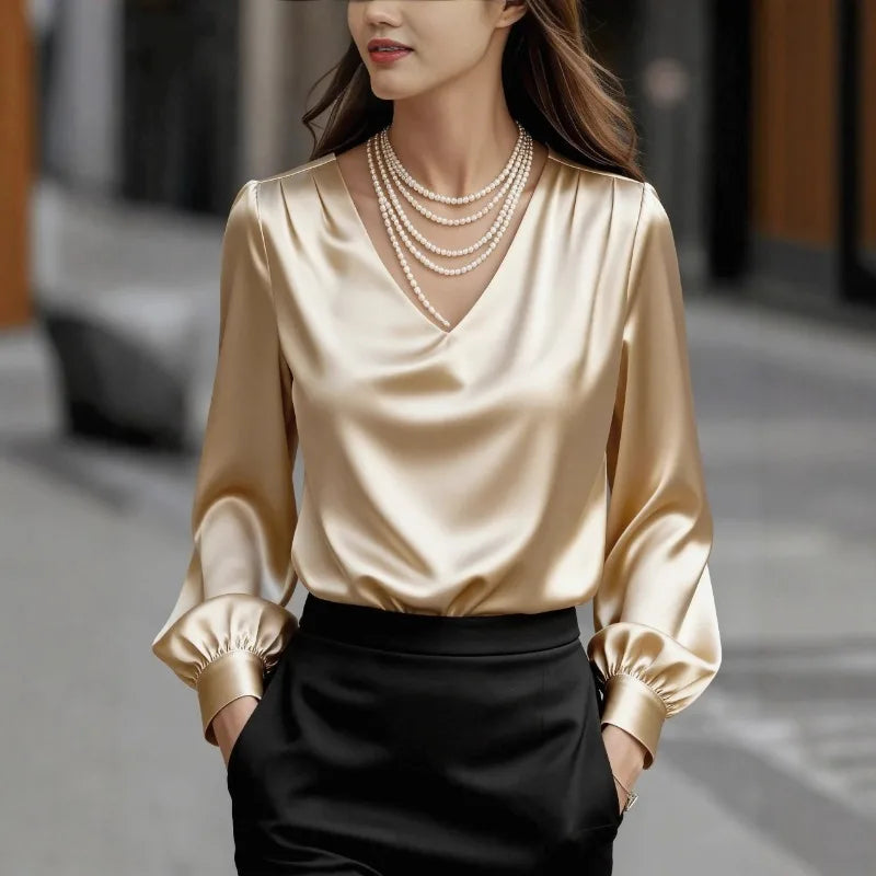 Women's V-Neck Puff Sleeve Satin Shirt - Loose Work Blouse
