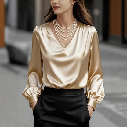 Women's V-Neck Puff Sleeve Satin Shirt - Loose Work Blouse