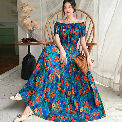 Bohemian Long Dress Summer Fashion One-Shoulder Floral Cotton Silk Elastic Waist Beach Skirt Vintage Ethnic Style Short Sleeve