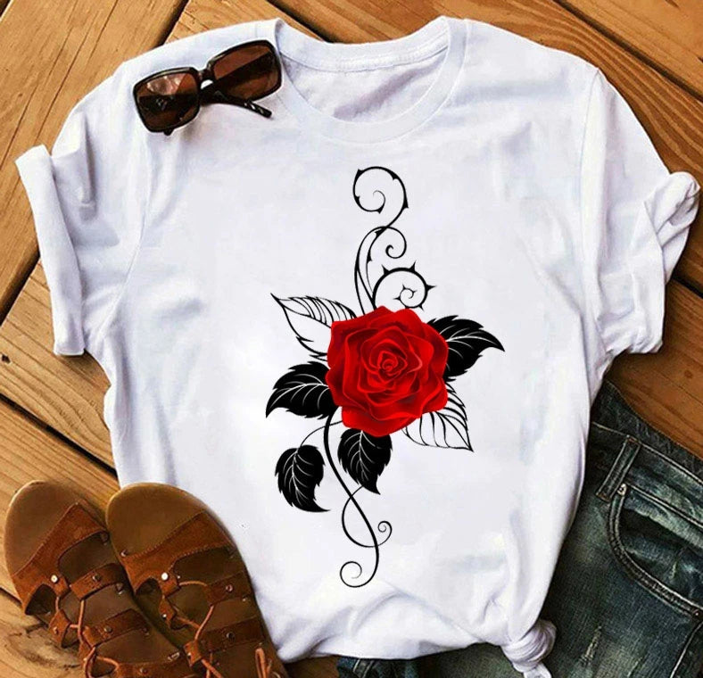 Women's 3D Rose Print T-Shirt - Casual Summer Cotton Top
