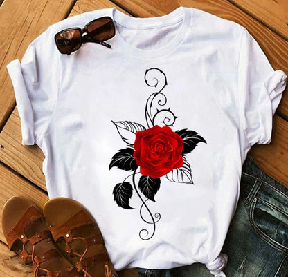Women's 3D Rose Print T-Shirt - Casual Summer Cotton Top