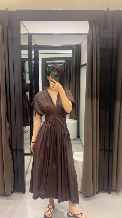 Women's Vintage V-Neck Midi Dress - Pleated Lace-Up Party Dress