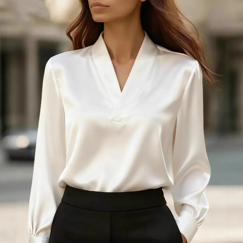 Women's Casual V-Neck Blouse - Loose Long Sleeve Office Shirt