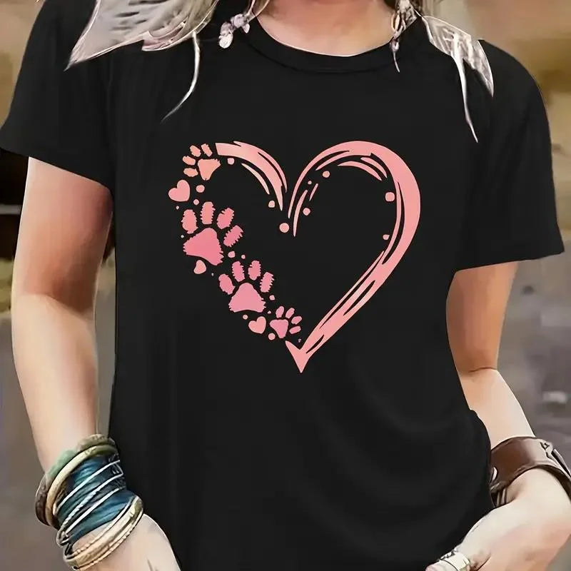 Women's Heart & Paw Print T-Shirt - Casual Summer Cotton Top