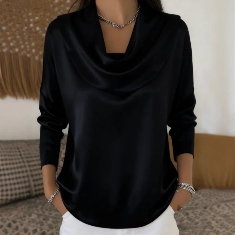 Women's Satin Swing Collar Shirt - Versatile Long Sleeve Blouse