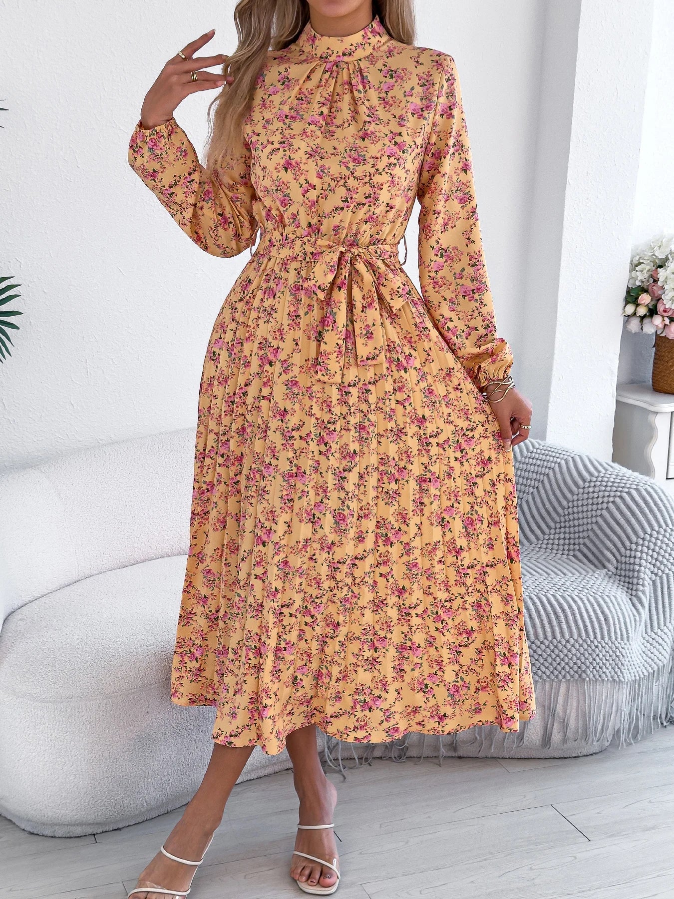 Women's Floral Stand Collar Bridesmaid Dress - Long Sleeve Pleated Midi Dress