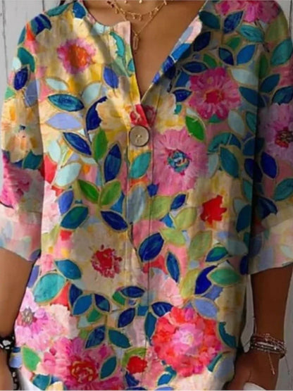Women's Floral V-Neck Button Top - Casual Three Quarter Sleeve Blouse