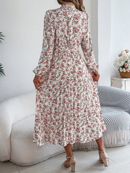 Women's Floral Stand Collar Bridesmaid Dress - Long Sleeve Pleated Midi Dress