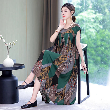 Women's Plus Size Summer Dress - Loose O-Neck Cotton Print Dress