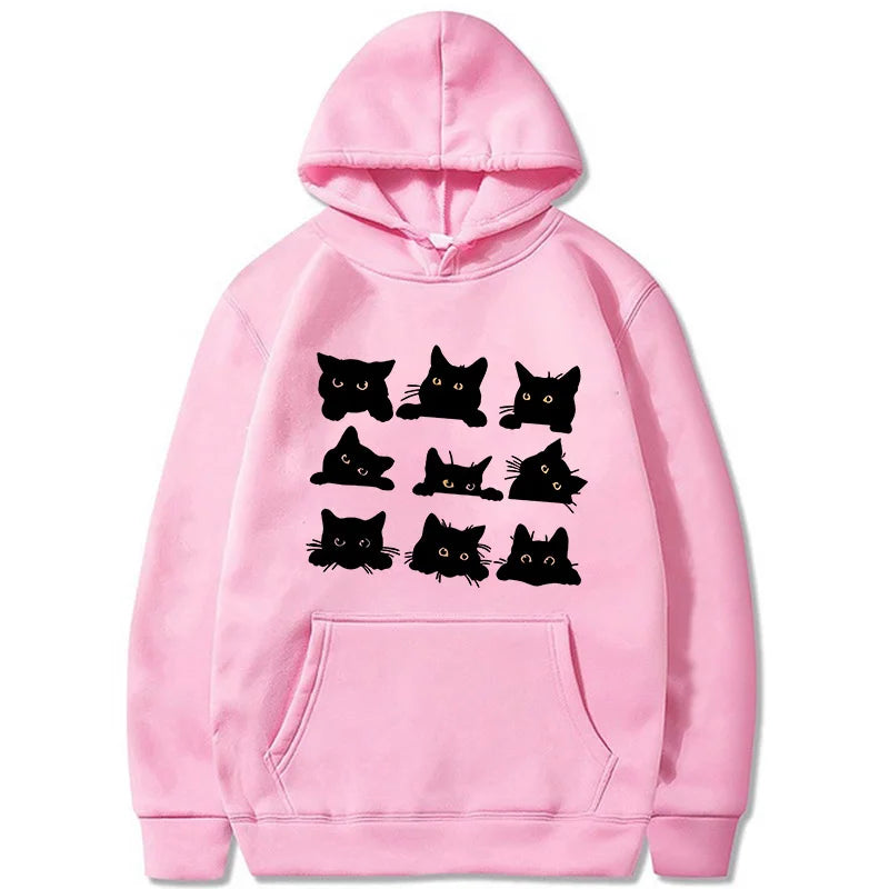Women's Cute Black Kitty Hoodie - Kawaii Cat Print Sweatshirt