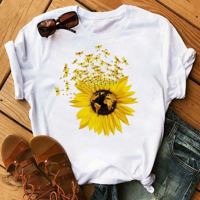 Women's Sunflower & Dragonfly Print T-Shirt - Oversized Summer Top