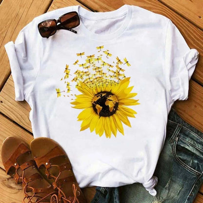 Women's Sunflower & Dragonfly Print T-Shirt - Oversized Summer Top