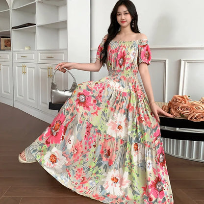 Bohemian Long Dress Summer Fashion One-Shoulder Floral Cotton Silk Elastic Waist Beach Skirt Vintage Ethnic Style Short Sleeve