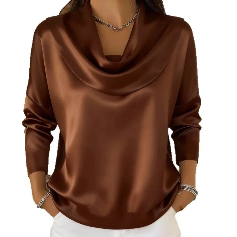 Women's Satin Swing Collar Shirt - Versatile Long Sleeve Blouse