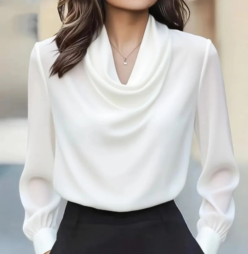 Women's Solid Color Swing Collar Shirt - Elegant Long Sleeve Blouse