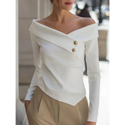 Women's Off-Shoulder Asymmetric Blouse - Slim Fit Long Sleeve Top