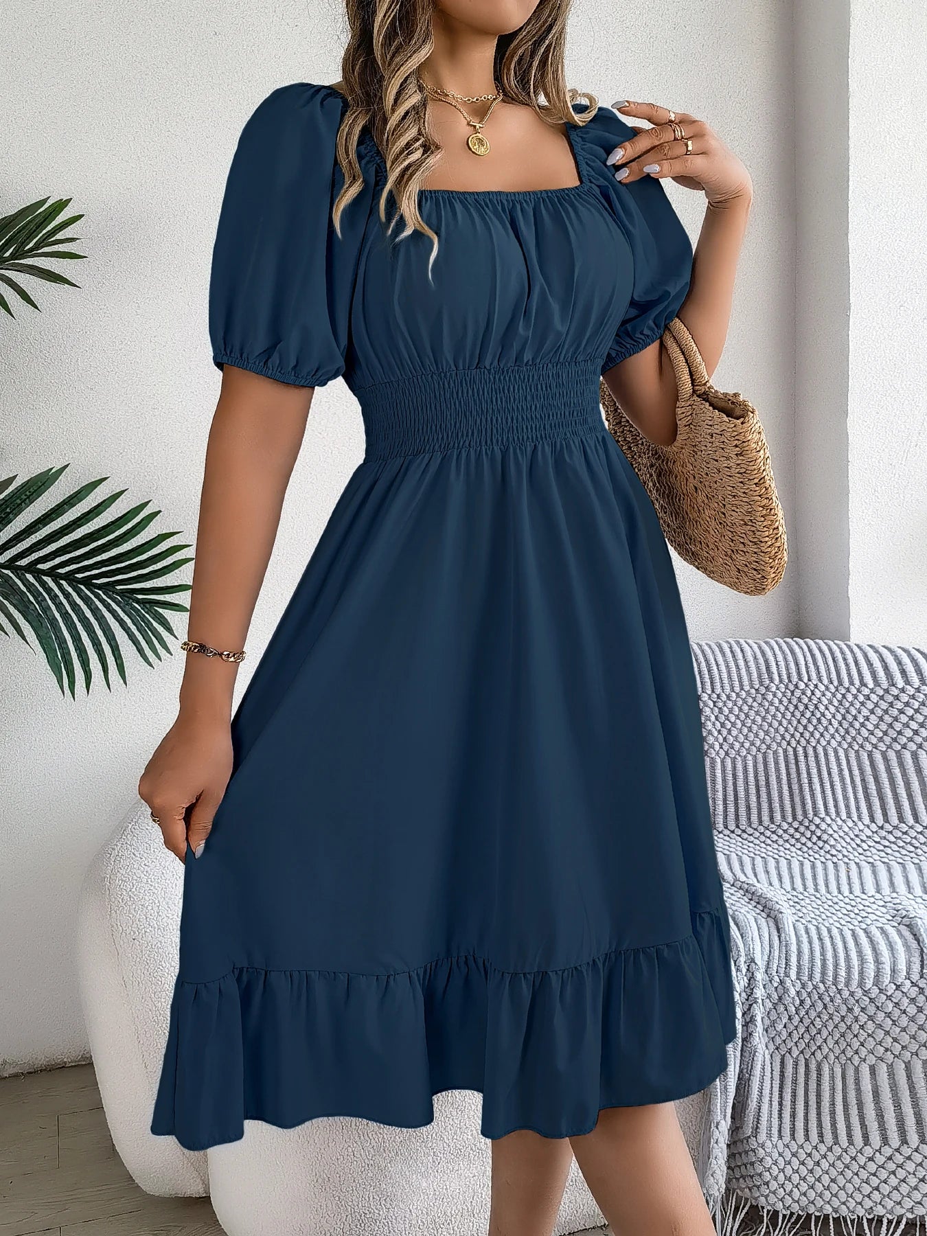 Women's Square Neck Maxi Dress - High Waist Ruffled Short Sleeve Dress