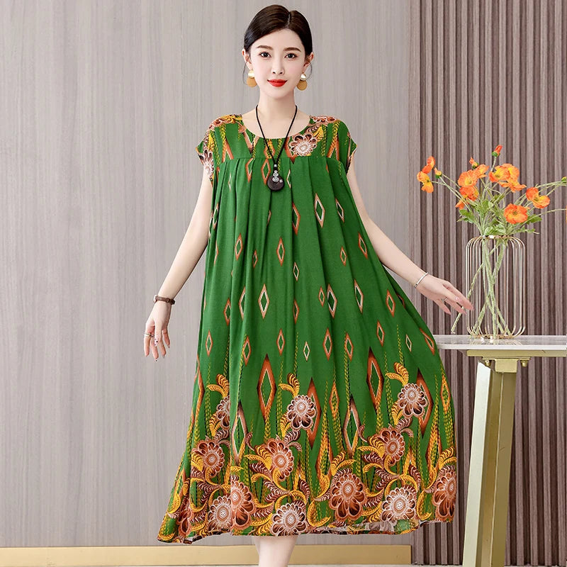 Women's Plus Size Summer Dress - Loose O-Neck Cotton Print Dress