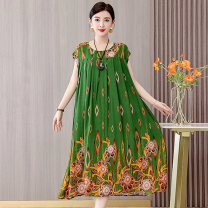 Women's Plus Size Summer Dress - Loose O-Neck Cotton Print Dress