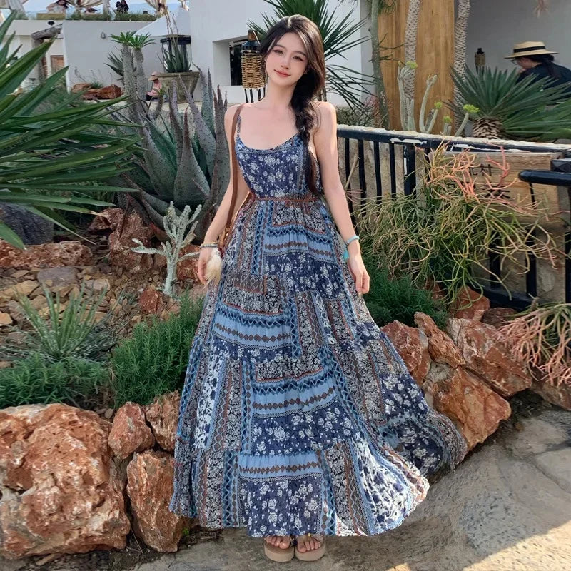 Women's Bohemian Embroidered Tank Dress - Ethnic Summer Maxi Dress